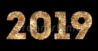老式黄金闪闪发光的灯光和发光的效果模拟LED新年快乐2019字文字在黑色背景
